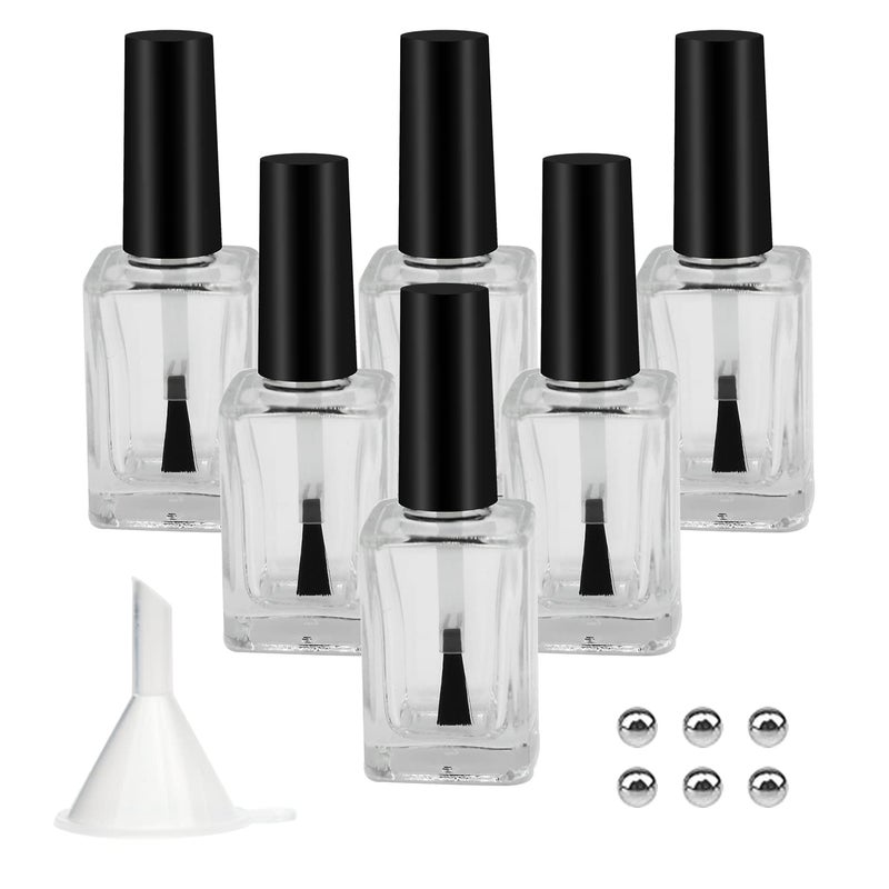 Agidea 6PCS Empty Nail Polish Bottles with Funnel, Empty Fingernail Polish Bottles Glass Rectangle with Brush & Mixing Balls Black (15ML) - Image 1